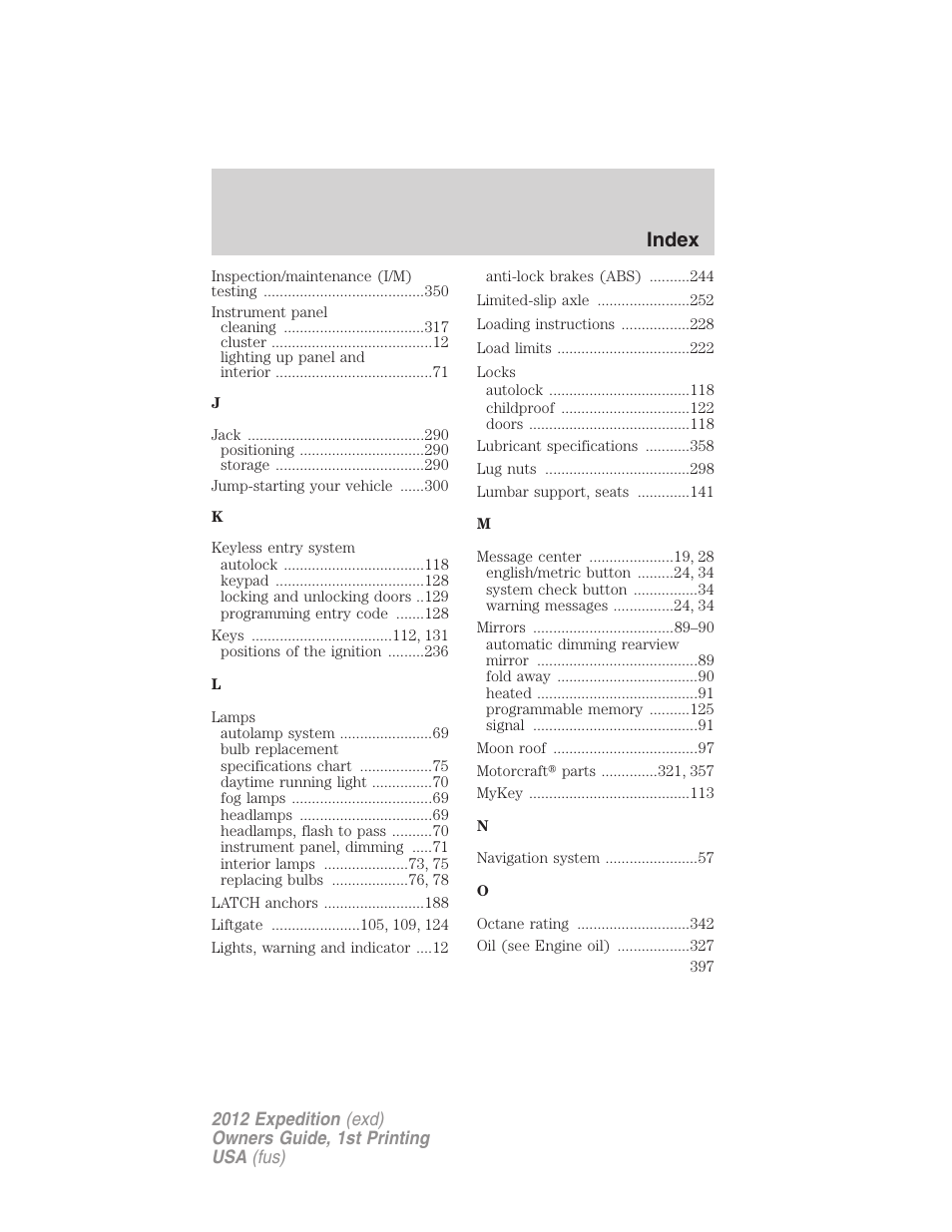Index | FORD 2012 Expedition v.1 User Manual | Page 397 / 400