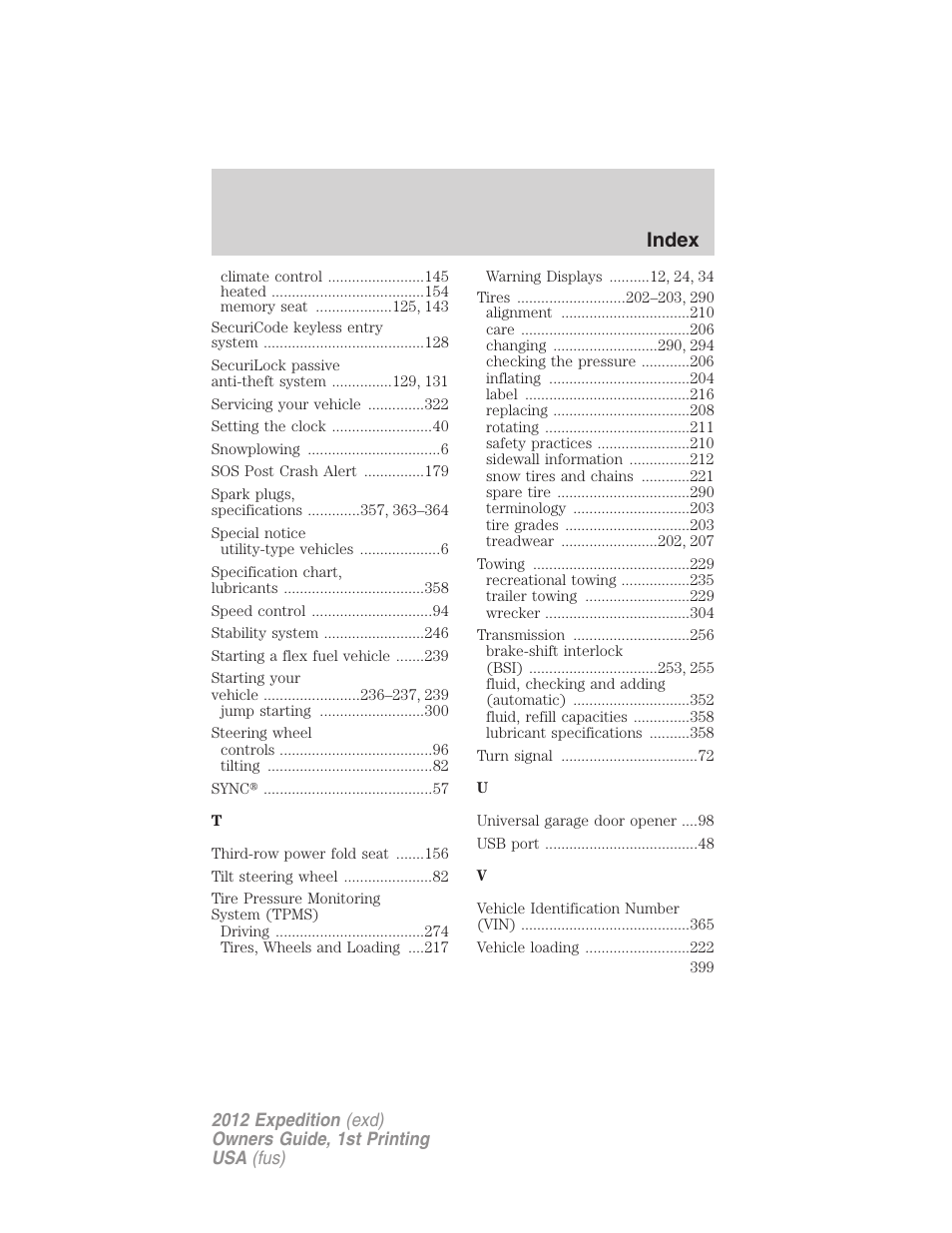 Index | FORD 2012 Expedition v.1 User Manual | Page 399 / 400