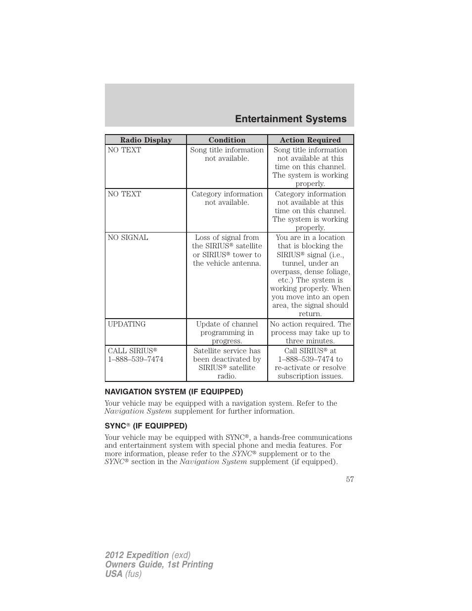 Navigation system (if equipped), Sync? (if equipped), Navigation system | Sync, Entertainment systems | FORD 2012 Expedition v.1 User Manual | Page 57 / 400