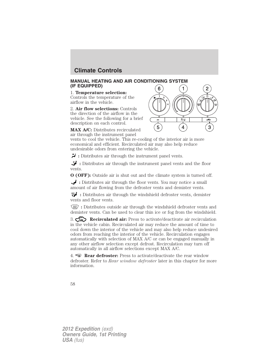 Climate controls, Manual heating and air conditioning | FORD 2012 Expedition v.1 User Manual | Page 58 / 400