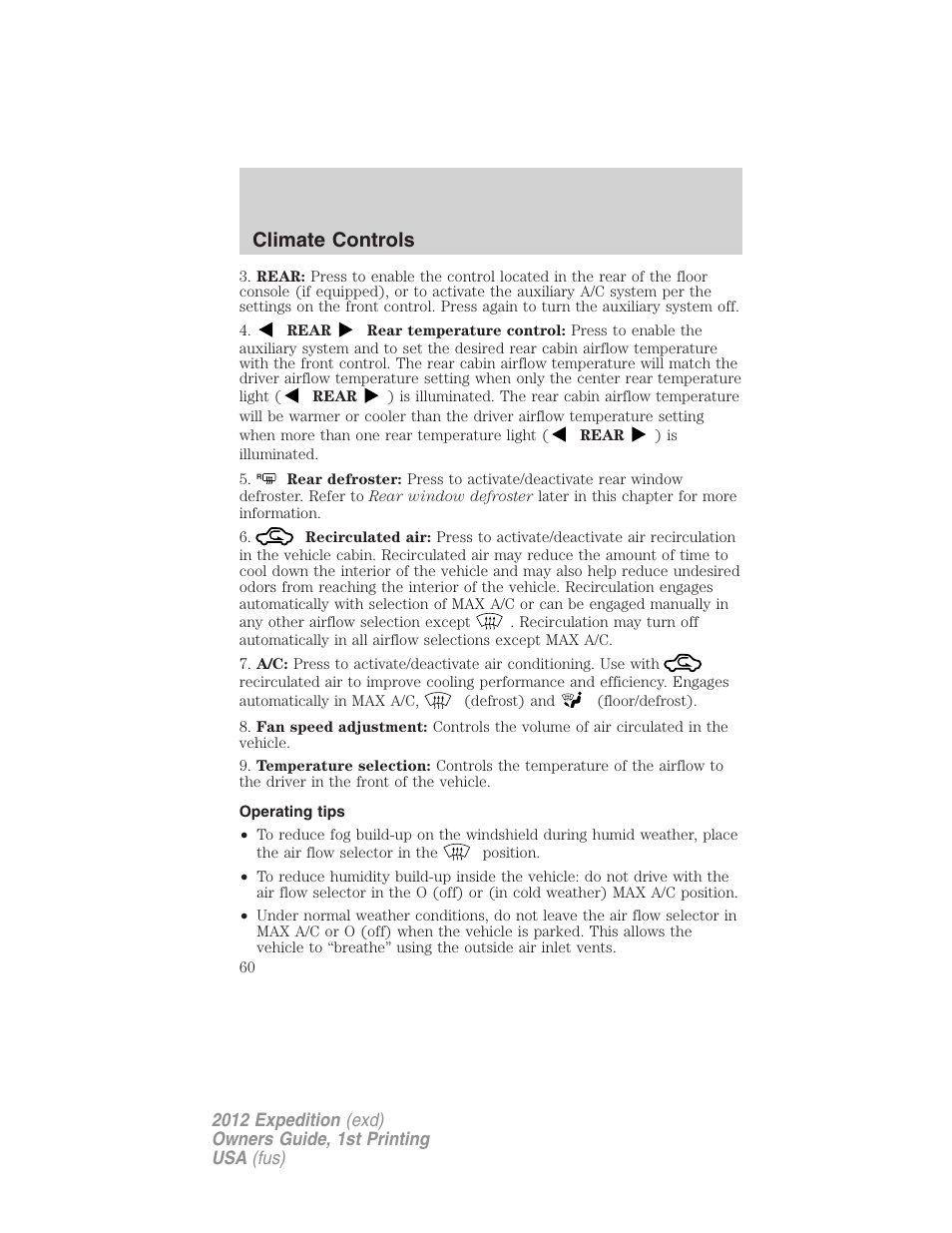 Operating tips, Climate controls | FORD 2012 Expedition v.1 User Manual | Page 60 / 400