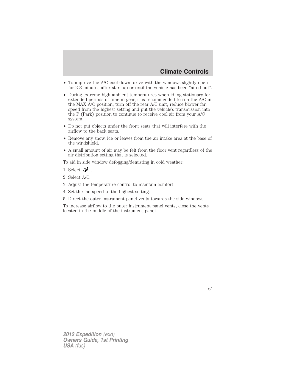 Climate controls | FORD 2012 Expedition v.1 User Manual | Page 61 / 400