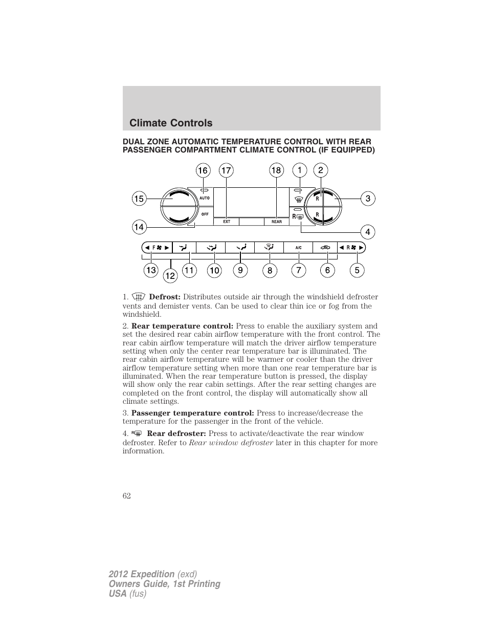 Dual automatic temperature control, Climate controls | FORD 2012 Expedition v.1 User Manual | Page 62 / 400