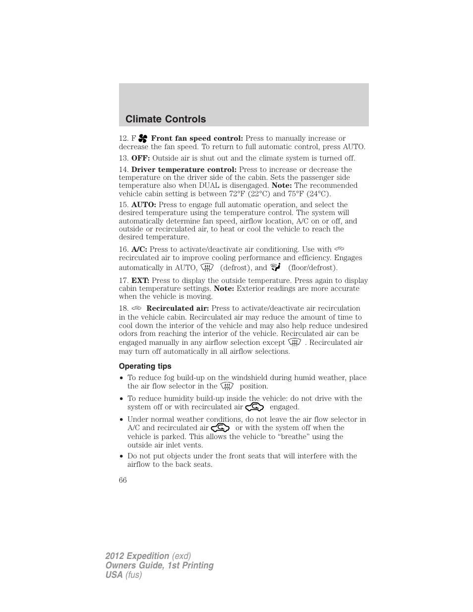 Operating tips, Climate controls | FORD 2012 Expedition v.1 User Manual | Page 66 / 400