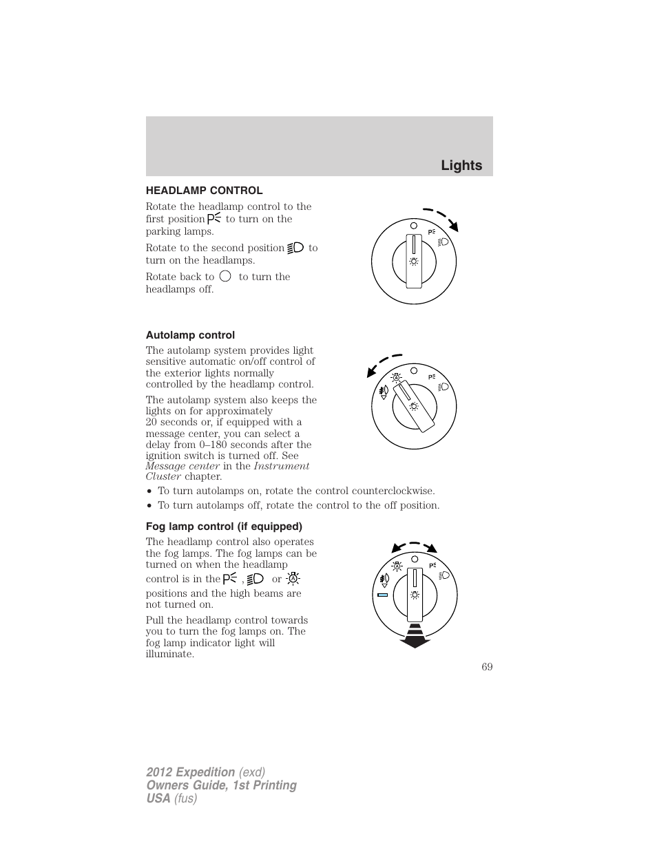 Lights, Headlamp control, Autolamp control | Fog lamp control (if equipped), Headlamps | FORD 2012 Expedition v.1 User Manual | Page 69 / 400