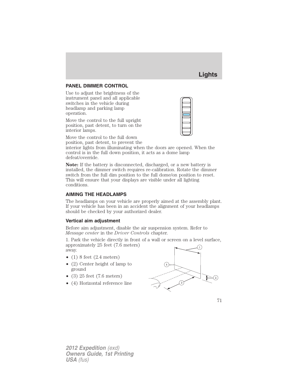 Panel dimmer control, Aiming the headlamps, Vertical aim adjustment | Lights | FORD 2012 Expedition v.1 User Manual | Page 71 / 400