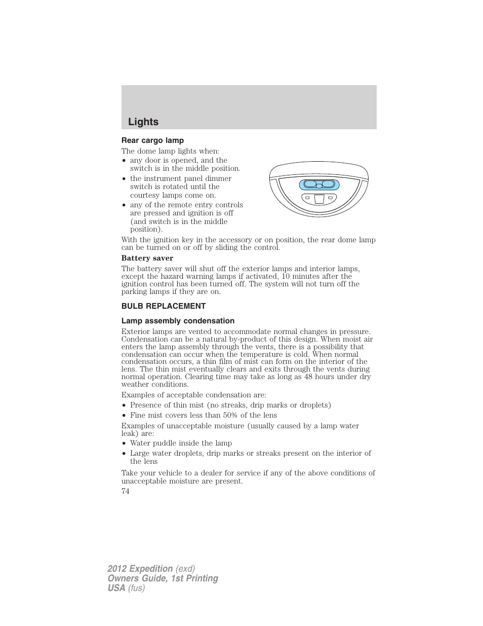 Rear cargo lamp, Bulb replacement, Lamp assembly condensation | Lights | FORD 2012 Expedition v.1 User Manual | Page 74 / 400