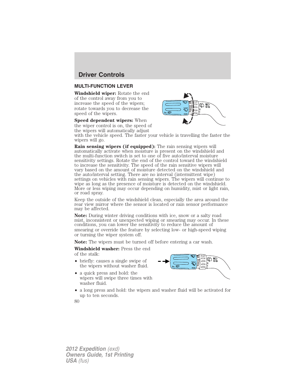 Driver controls, Multi-function lever, Windshield wiper/washer control | FORD 2012 Expedition v.1 User Manual | Page 80 / 400