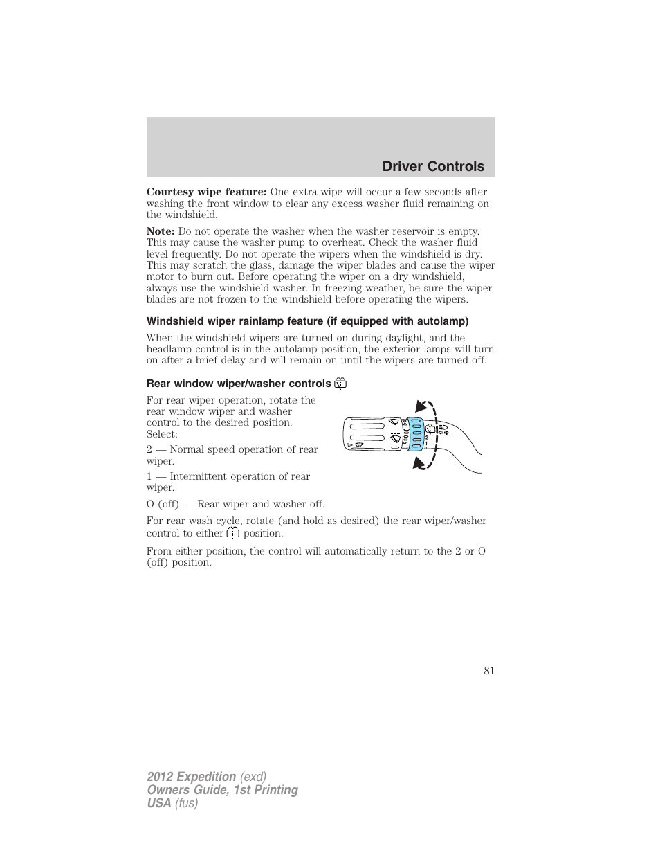 Rear window wiper/washer controls, Driver controls | FORD 2012 Expedition v.1 User Manual | Page 81 / 400