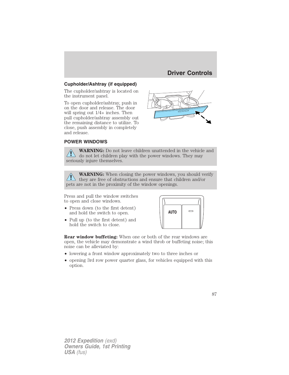 Cupholder/ashtray (if equipped), Power windows, Driver controls | FORD 2012 Expedition v.1 User Manual | Page 87 / 400