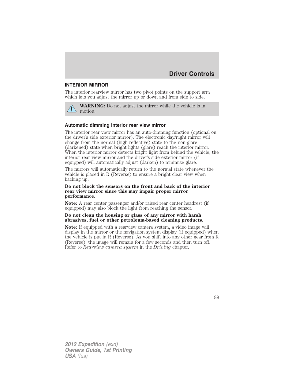 Interior mirror, Automatic dimming interior rear view mirror, Mirrors | Driver controls | FORD 2012 Expedition v.1 User Manual | Page 89 / 400