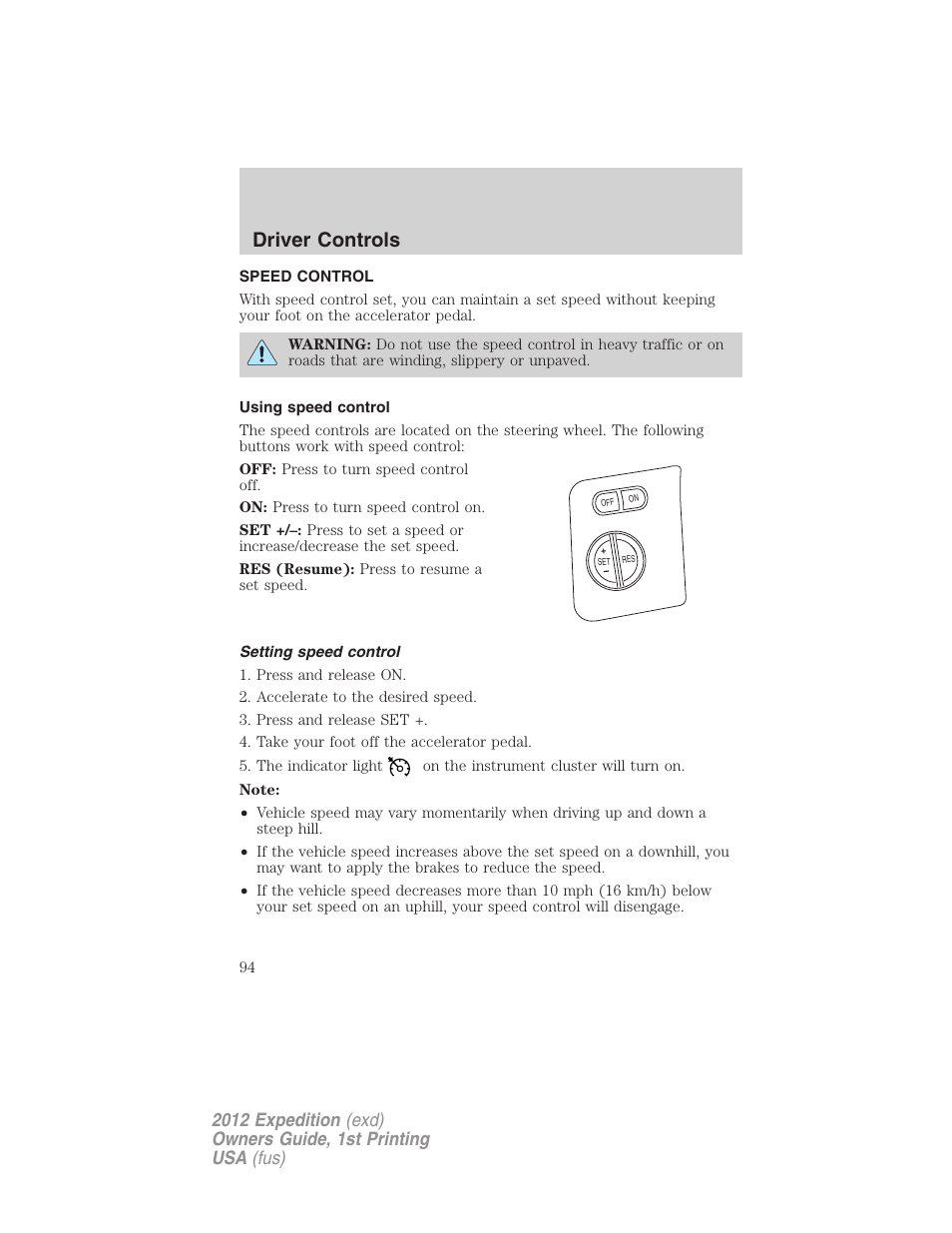 Speed control, Using speed control, Setting speed control | Driver controls | FORD 2012 Expedition v.1 User Manual | Page 94 / 400