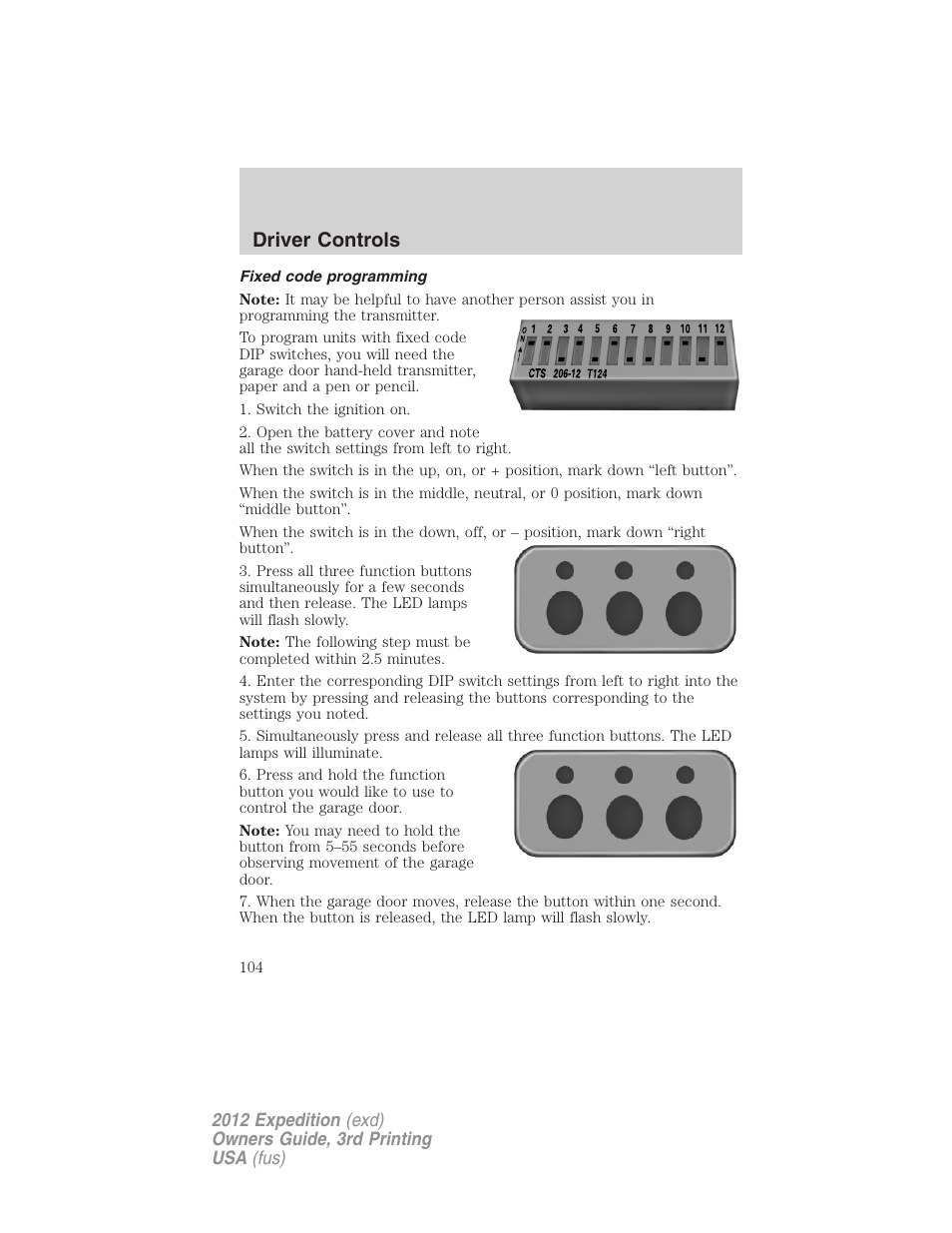 Fixed code programming, Driver controls | FORD 2012 Expedition v.2 User Manual | Page 104 / 396