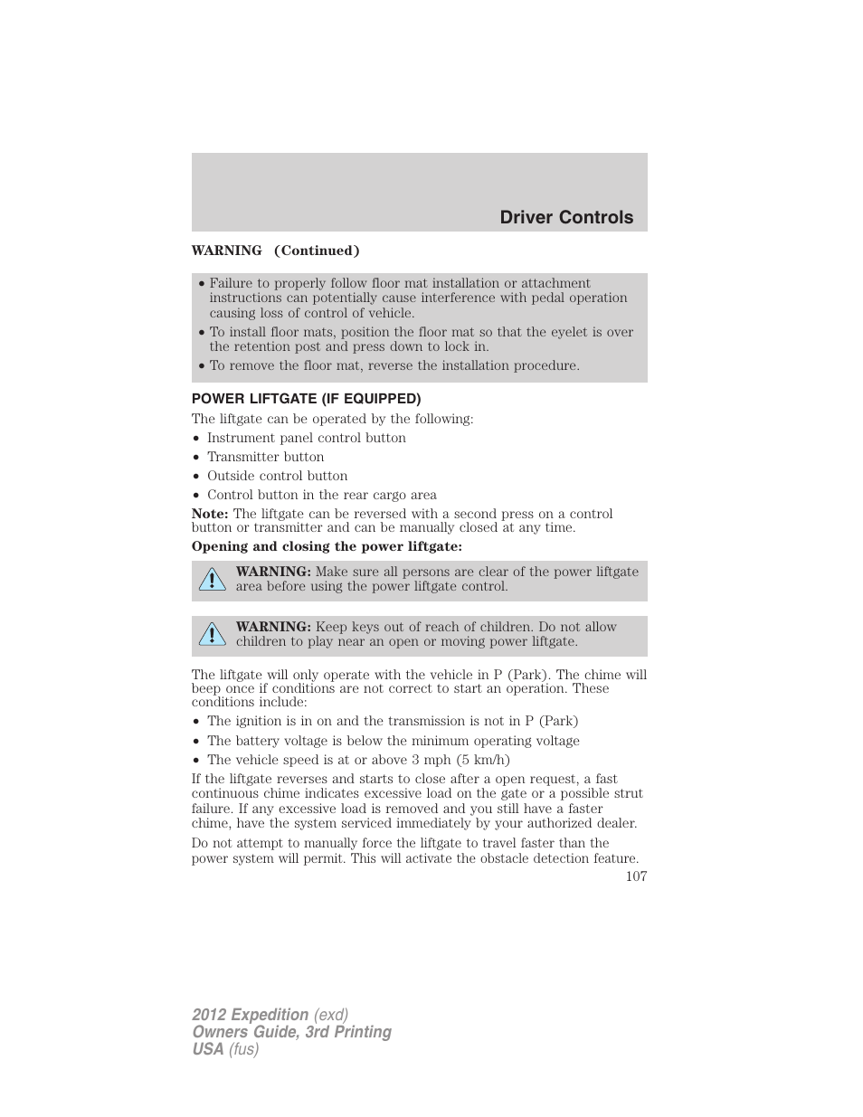 Power liftgate (if equipped), Driver controls | FORD 2012 Expedition v.2 User Manual | Page 107 / 396