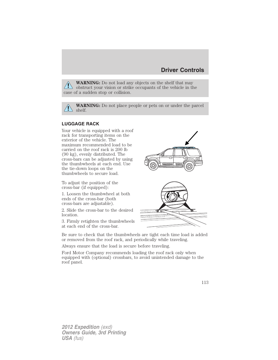 Luggage rack, Driver controls | FORD 2012 Expedition v.2 User Manual | Page 113 / 396