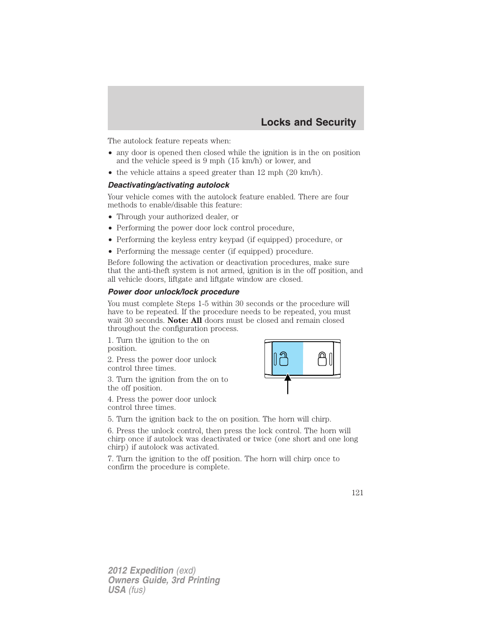 Deactivating/activating autolock, Power door unlock/lock procedure, Locks and security | FORD 2012 Expedition v.2 User Manual | Page 121 / 396