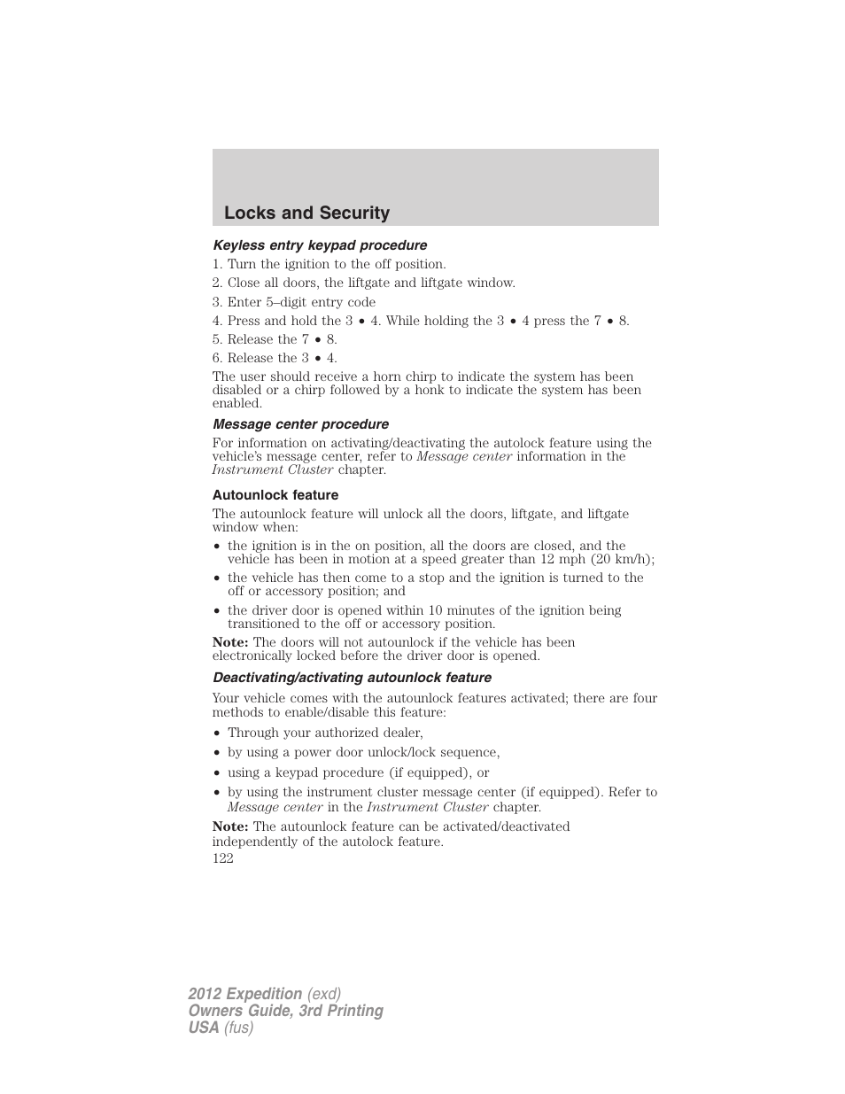 Keyless entry keypad procedure, Message center procedure, Autounlock feature | Deactivating/activating autounlock feature, Locks and security | FORD 2012 Expedition v.2 User Manual | Page 122 / 396