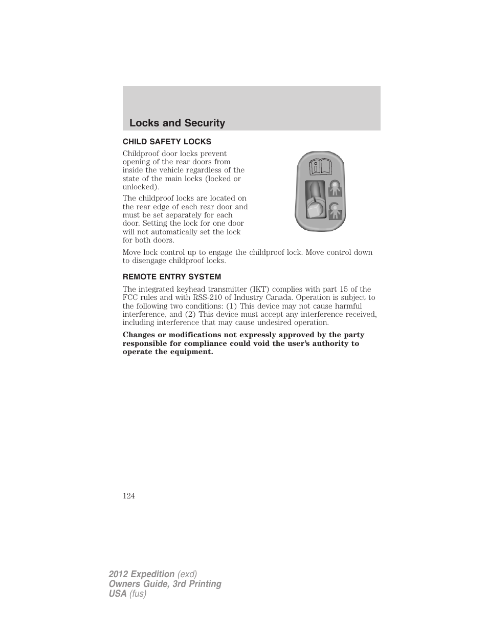 Child safety locks, Remote entry system, Locks and security | FORD 2012 Expedition v.2 User Manual | Page 124 / 396