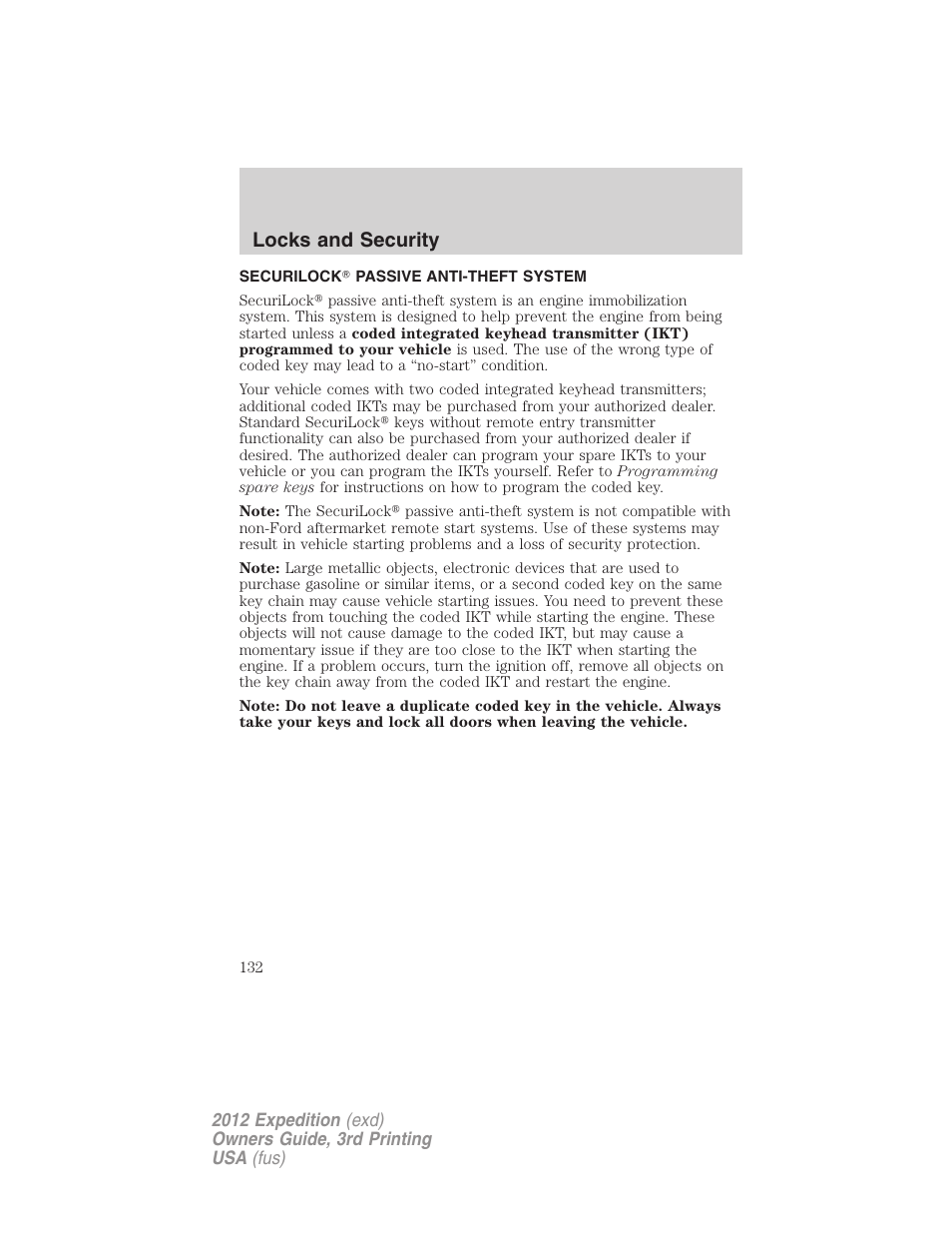 Securilock? passive anti-theft system, Anti-theft system, Locks and security | FORD 2012 Expedition v.2 User Manual | Page 132 / 396