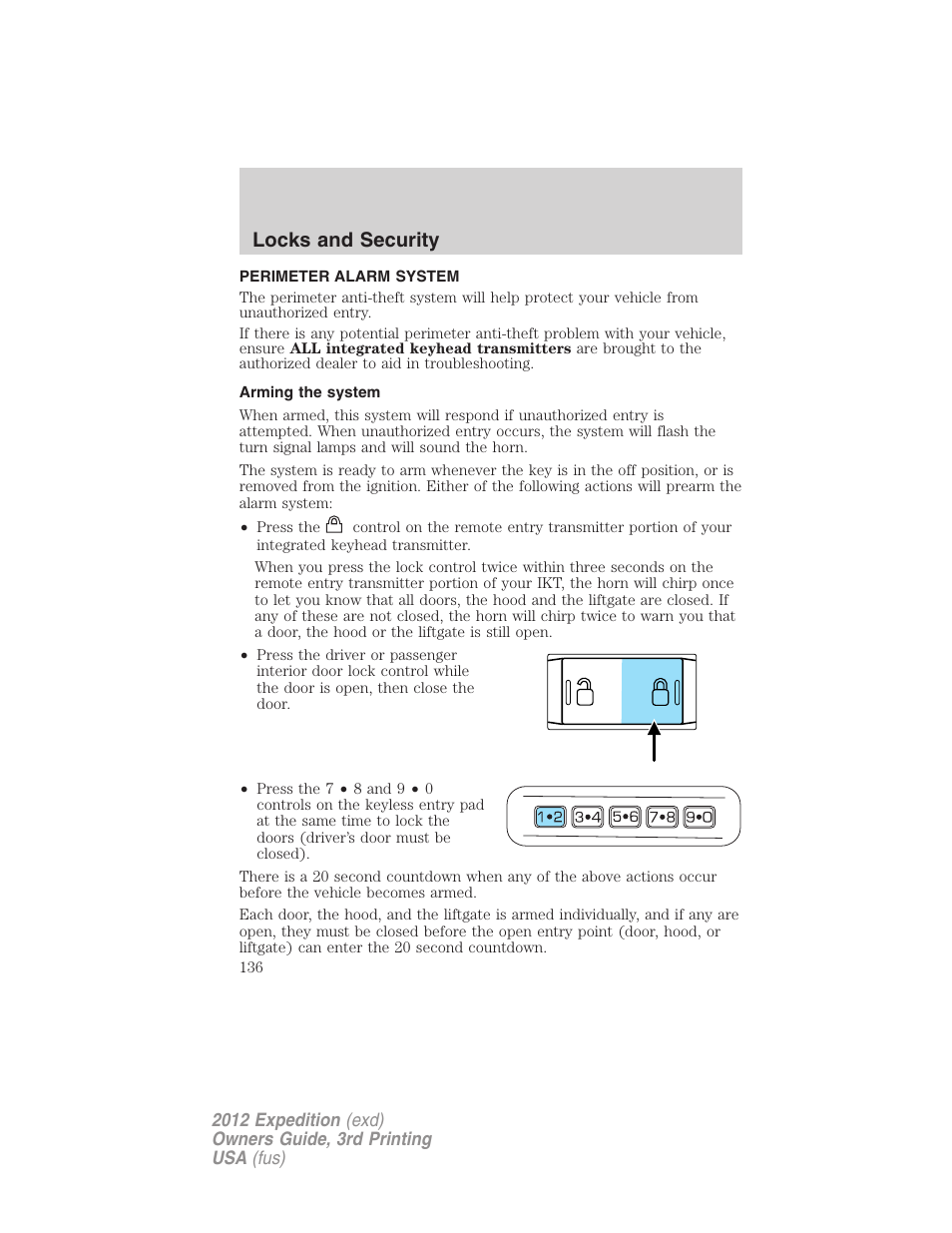 Perimeter alarm system, Arming the system, Locks and security | FORD 2012 Expedition v.2 User Manual | Page 136 / 396