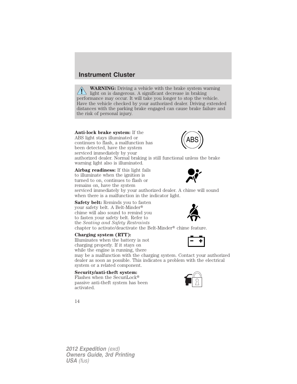 Instrument cluster | FORD 2012 Expedition v.2 User Manual | Page 14 / 396