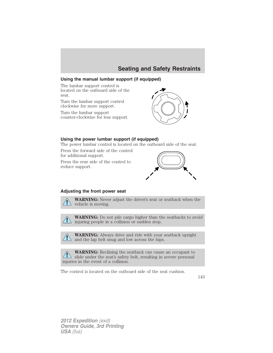 Using the manual lumbar support (if equipped), Using the power lumbar support (if equipped), Adjusting the front power seat | Seating and safety restraints | FORD 2012 Expedition v.2 User Manual | Page 143 / 396