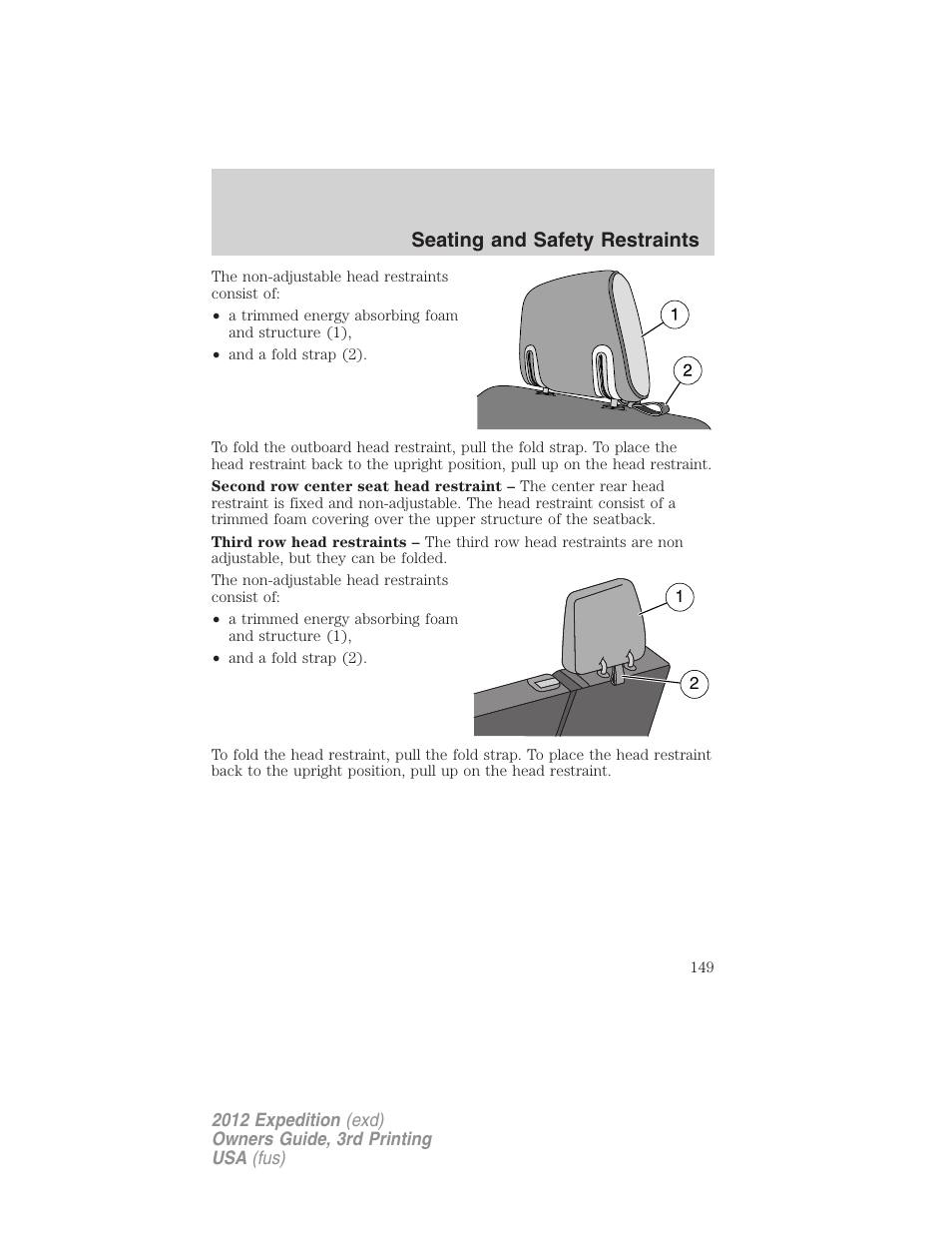 Seating and safety restraints | FORD 2012 Expedition v.2 User Manual | Page 149 / 396