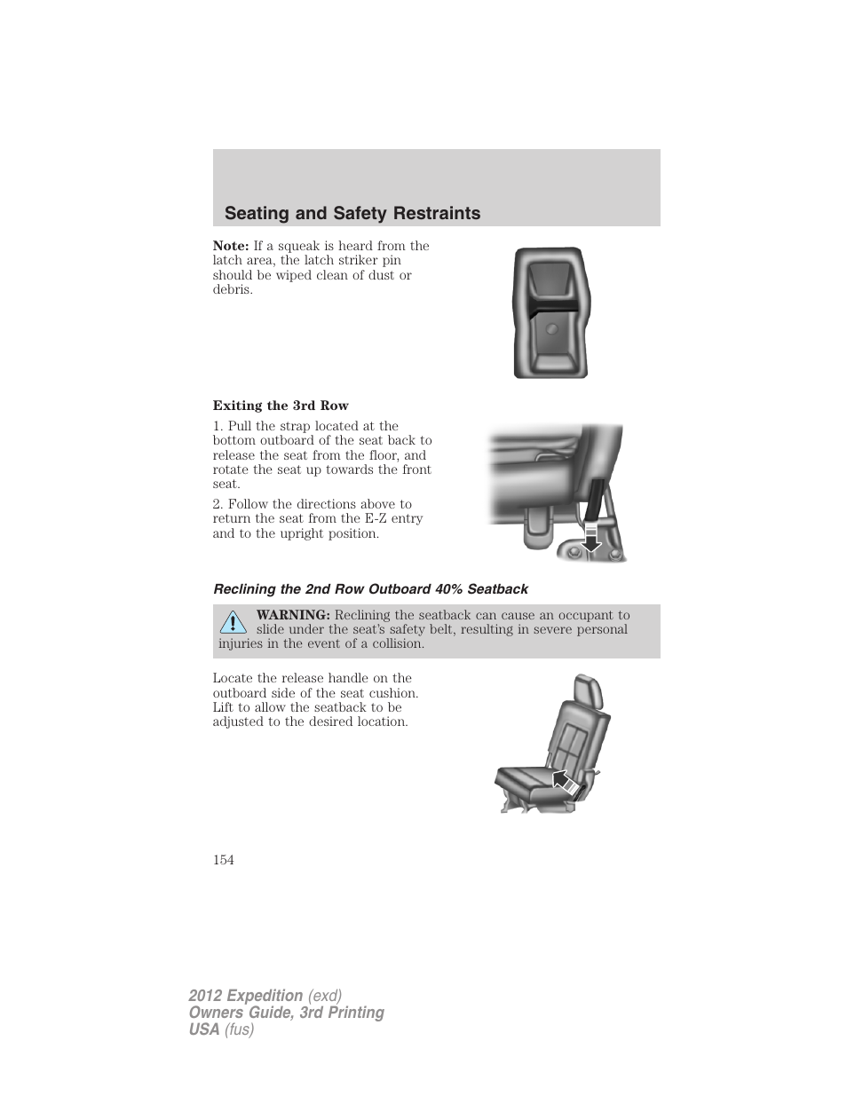 Reclining the 2nd row outboard 40% seatback, Seating and safety restraints | FORD 2012 Expedition v.2 User Manual | Page 154 / 396