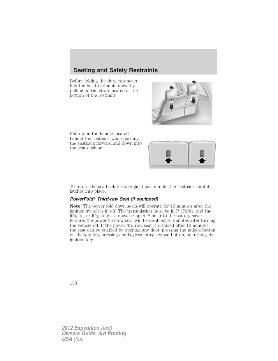 Powerfold? third-row seat (if equipped), Seating and safety restraints | FORD 2012 Expedition v.2 User Manual | Page 158 / 396