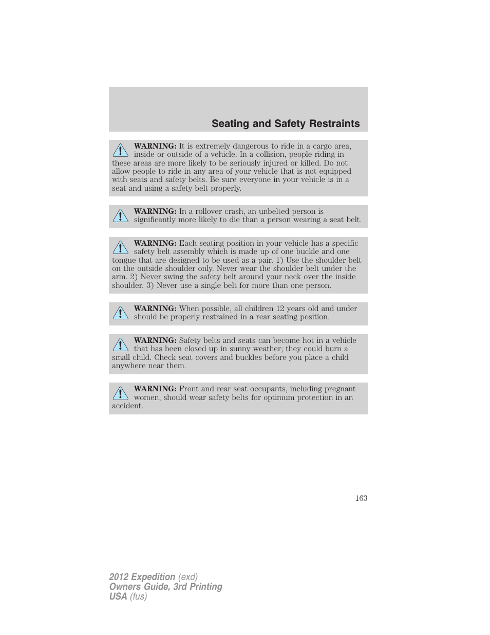 Seating and safety restraints | FORD 2012 Expedition v.2 User Manual | Page 163 / 396