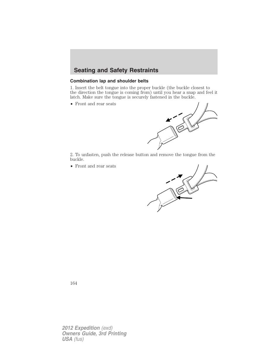 Combination lap and shoulder belts, Seating and safety restraints | FORD 2012 Expedition v.2 User Manual | Page 164 / 396