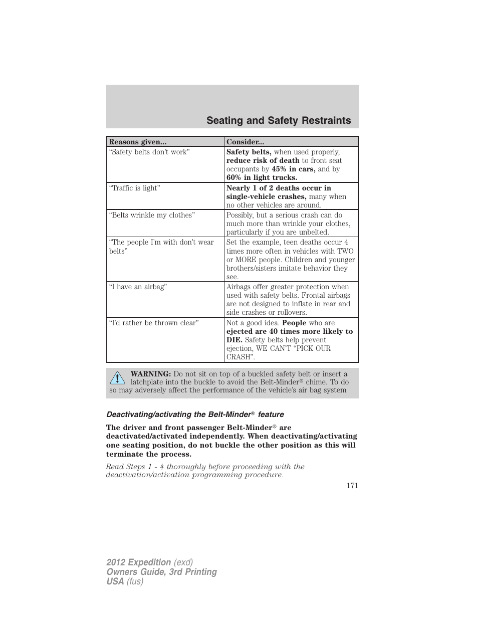 Deactivating/activating the belt-minder? feature, Seating and safety restraints | FORD 2012 Expedition v.2 User Manual | Page 171 / 396