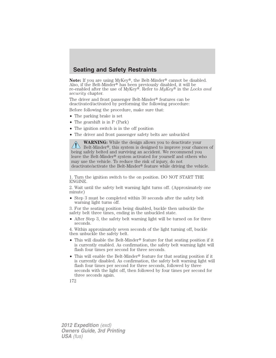 Seating and safety restraints | FORD 2012 Expedition v.2 User Manual | Page 172 / 396