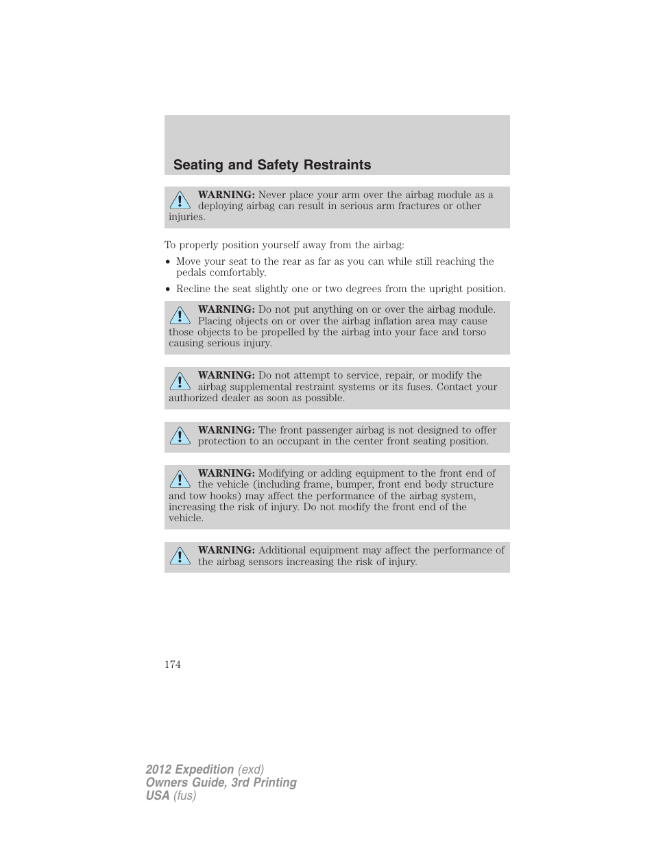 Seating and safety restraints | FORD 2012 Expedition v.2 User Manual | Page 174 / 396