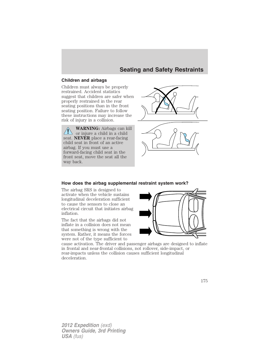 Children and airbags, Seating and safety restraints | FORD 2012 Expedition v.2 User Manual | Page 175 / 396