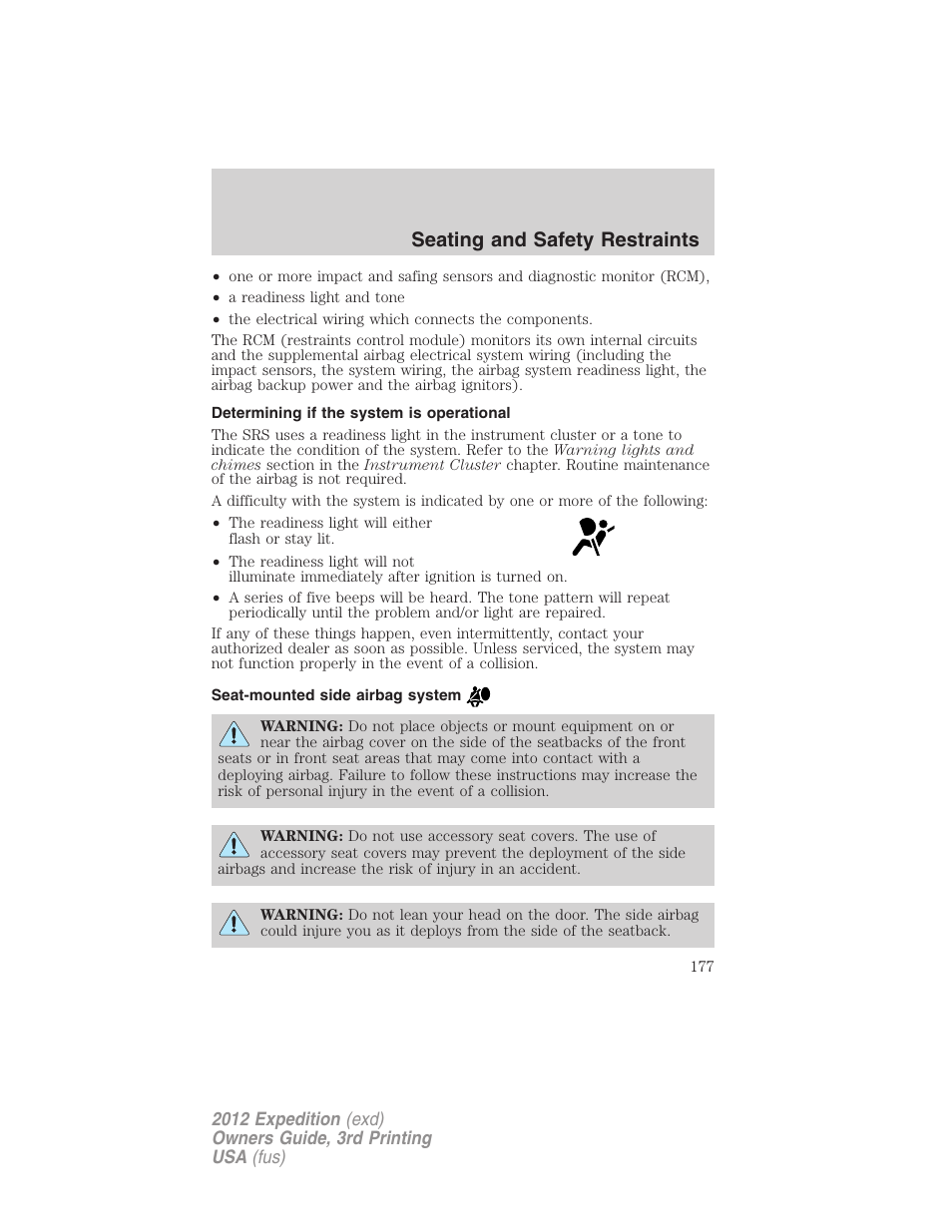 Determining if the system is operational, Seat-mounted side airbag system, Seating and safety restraints | FORD 2012 Expedition v.2 User Manual | Page 177 / 396