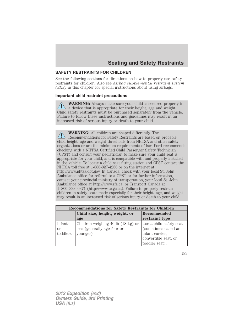 Safety restraints for children, Important child restraint precautions, Child restraints | Seating and safety restraints | FORD 2012 Expedition v.2 User Manual | Page 183 / 396