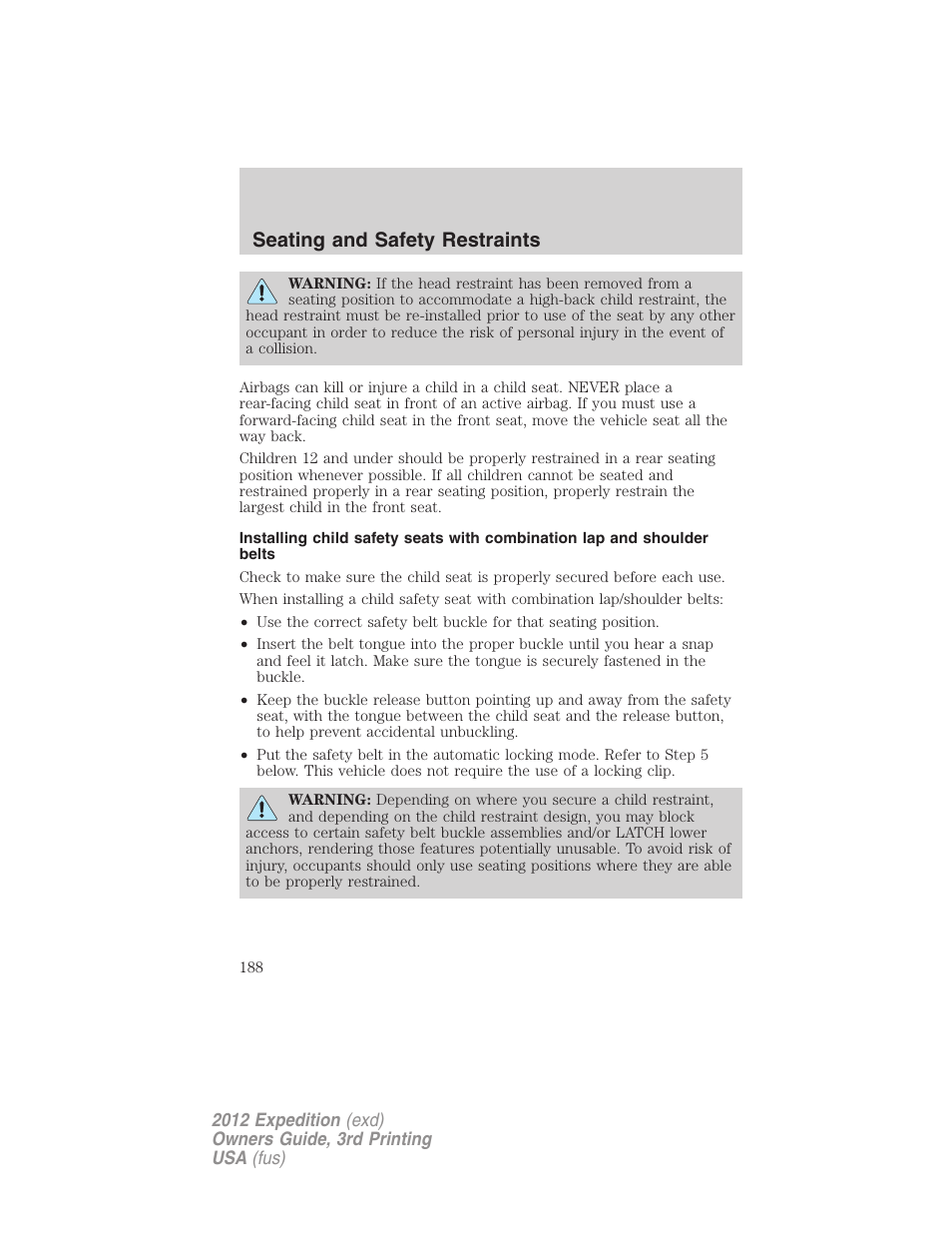 Seating and safety restraints | FORD 2012 Expedition v.2 User Manual | Page 188 / 396