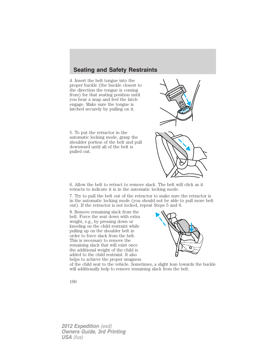 Seating and safety restraints | FORD 2012 Expedition v.2 User Manual | Page 190 / 396