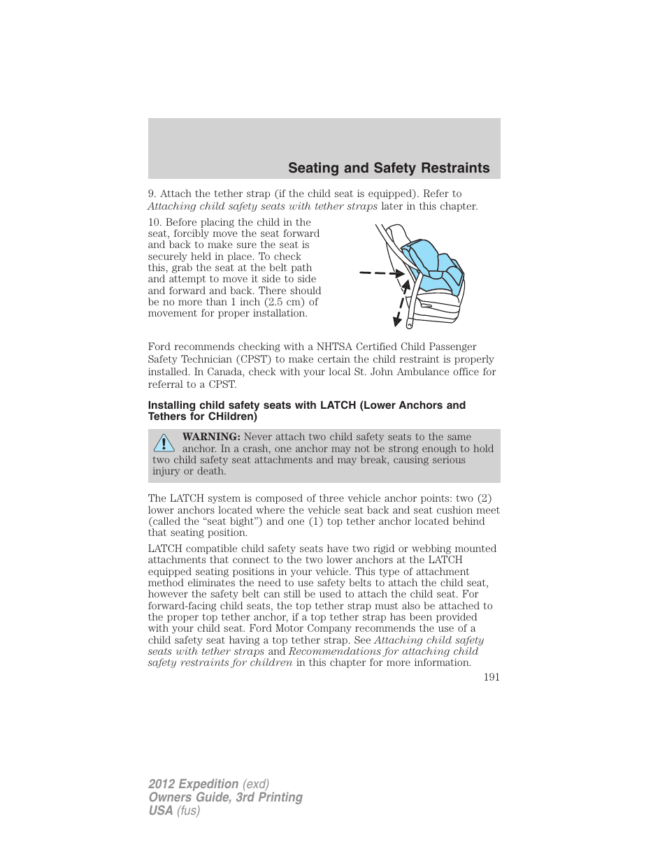 Seating and safety restraints | FORD 2012 Expedition v.2 User Manual | Page 191 / 396