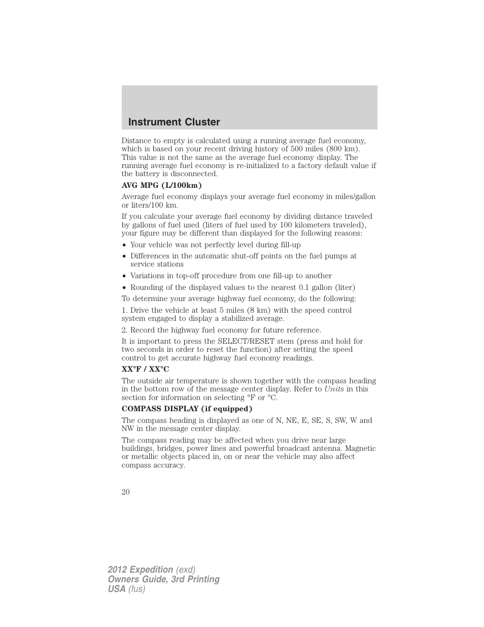 Instrument cluster | FORD 2012 Expedition v.2 User Manual | Page 20 / 396