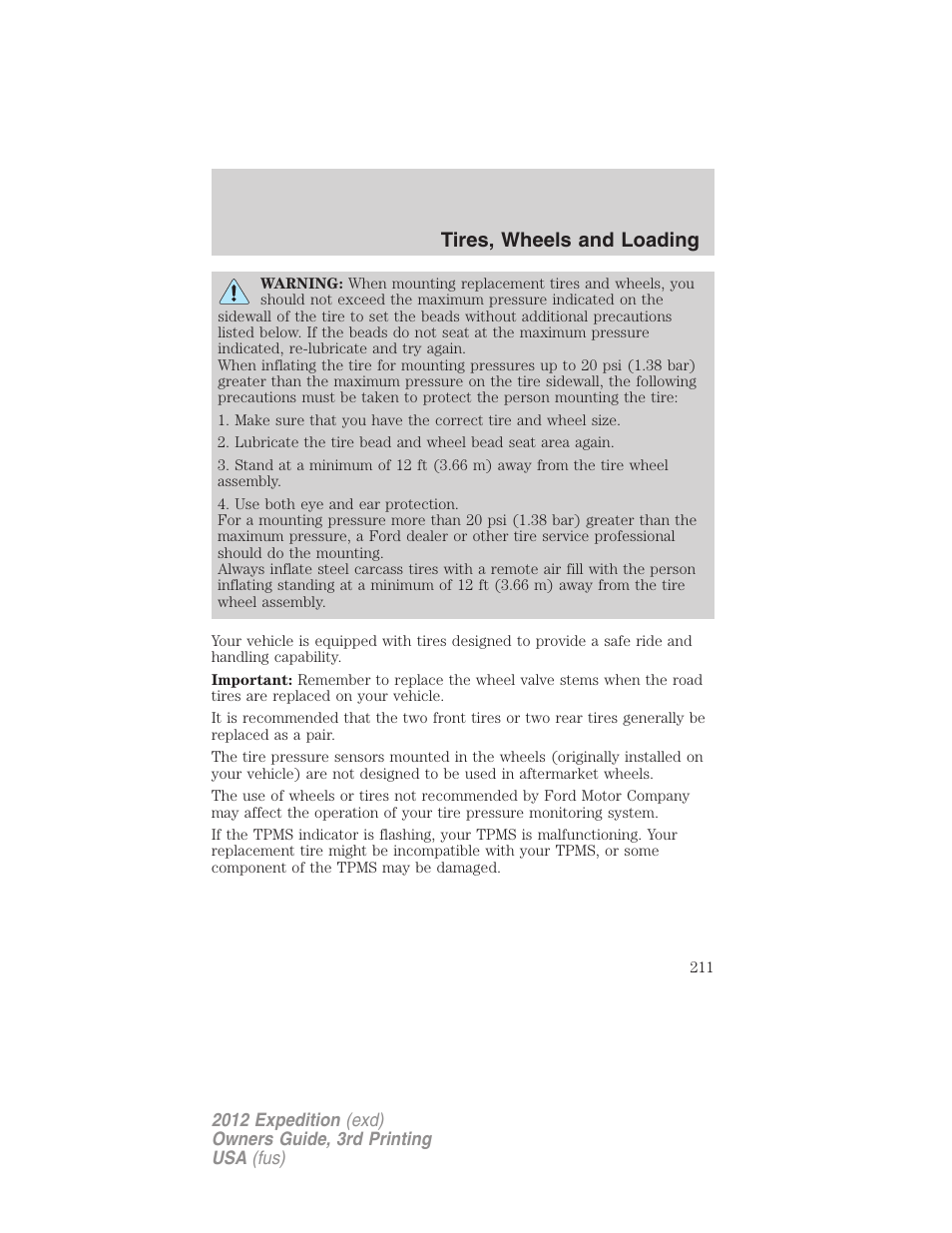 Tires, wheels and loading | FORD 2012 Expedition v.2 User Manual | Page 211 / 396