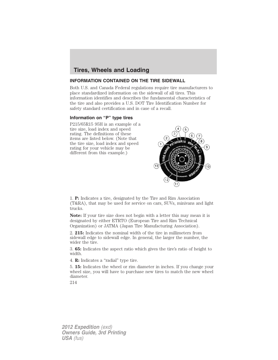 Information contained on the tire sidewall, Information on “p” type tires, Tires, wheels and loading | FORD 2012 Expedition v.2 User Manual | Page 214 / 396