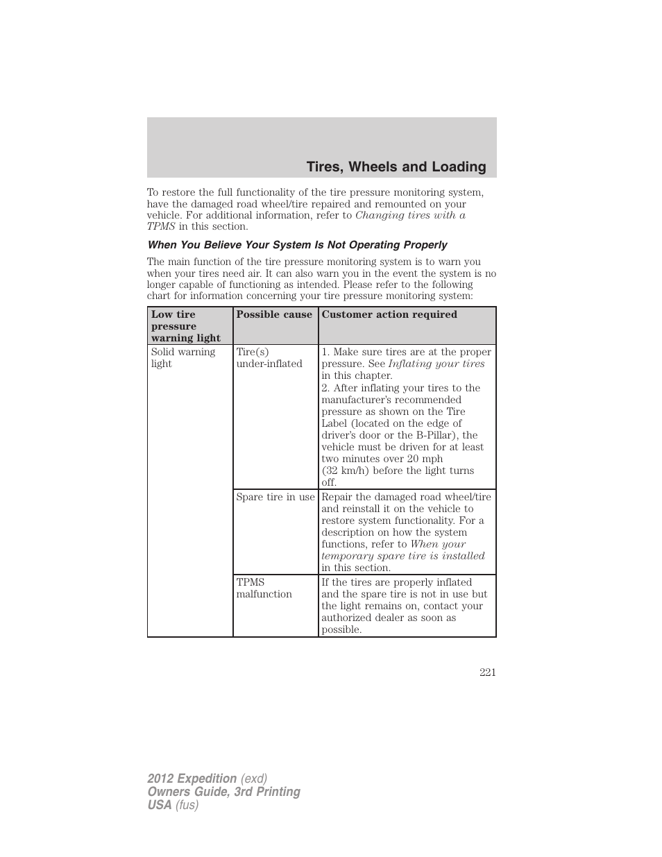 Tires, wheels and loading | FORD 2012 Expedition v.2 User Manual | Page 221 / 396