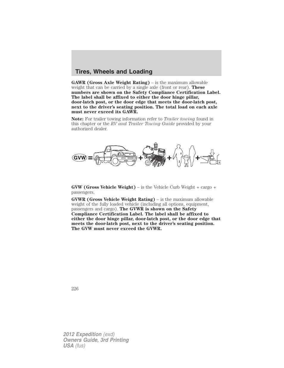 Tires, wheels and loading | FORD 2012 Expedition v.2 User Manual | Page 226 / 396