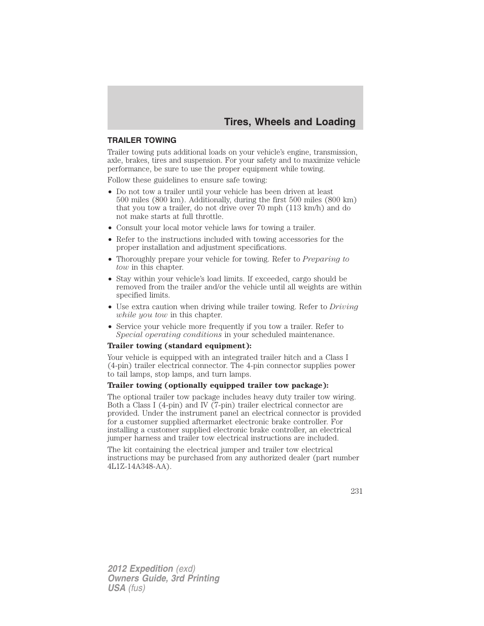 Trailer towing, Tires, wheels and loading | FORD 2012 Expedition v.2 User Manual | Page 231 / 396