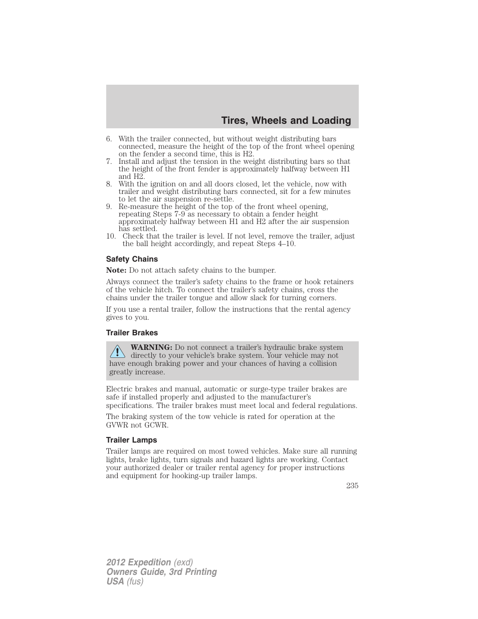 Safety chains, Trailer brakes, Trailer lamps | Tires, wheels and loading | FORD 2012 Expedition v.2 User Manual | Page 235 / 396