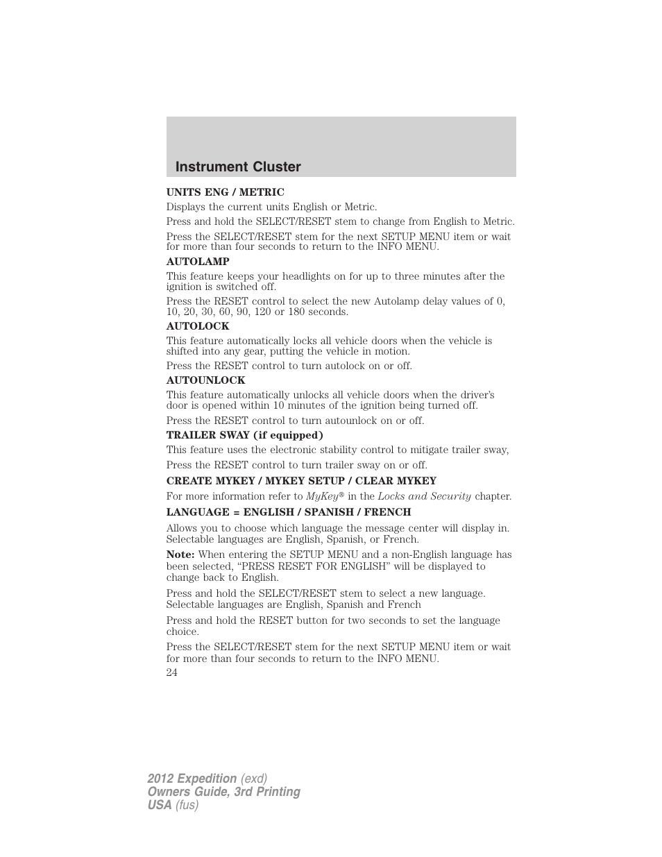 Instrument cluster | FORD 2012 Expedition v.2 User Manual | Page 24 / 396