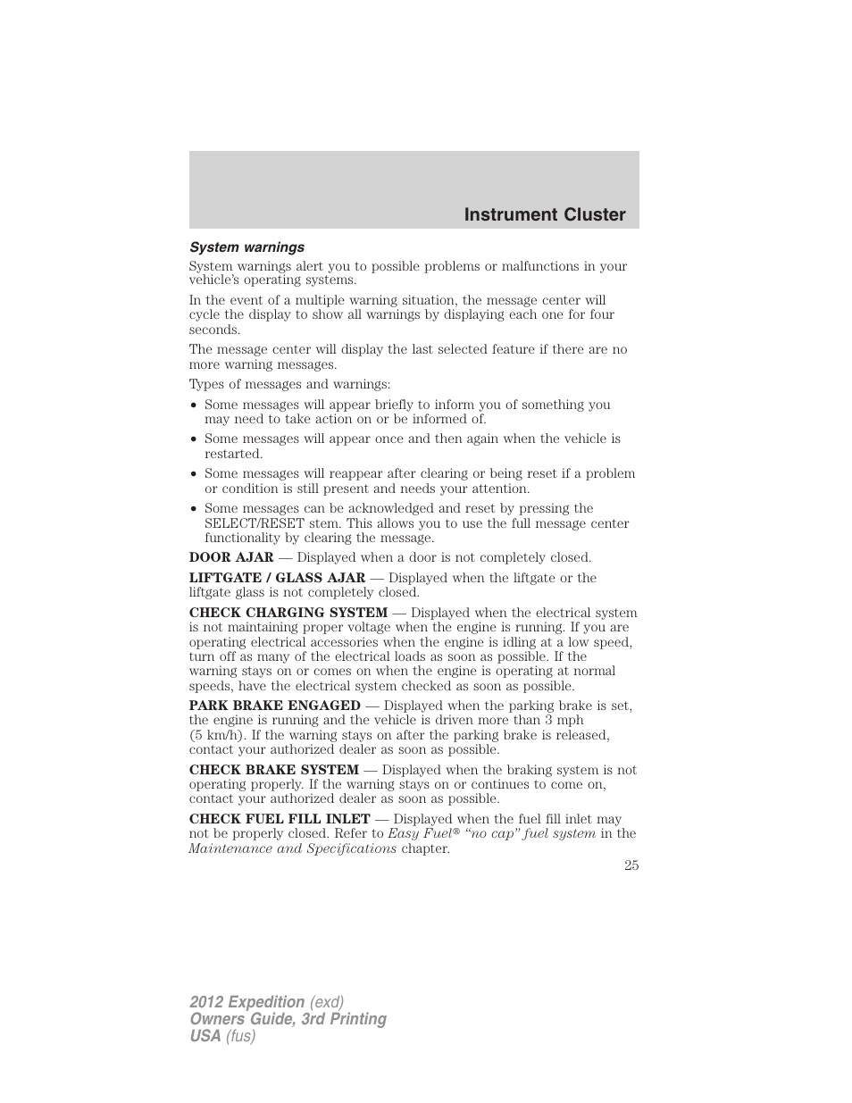 System warnings, Instrument cluster | FORD 2012 Expedition v.2 User Manual | Page 25 / 396