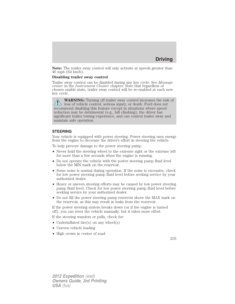 Steering, Driving | FORD 2012 Expedition v.2 User Manual | Page 253 / 396